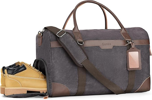 Gonex Waxed Canvas Duffle Bag for Travel, Water-resistant Vintage 55L Duffel Weekender with Shoes Compartment & Luggage Tag, Heavy-duty Overnight Bag with Suitcase Handle Sleeve for Men, Dark Grey