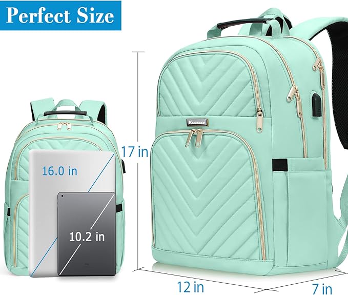 Backpack for Men Women, School Backpack for Boys Girls, 15.6 Inch Quilted Laptop Backpack with USB Charging Port, Large High School Bookbags for Teens, Teal