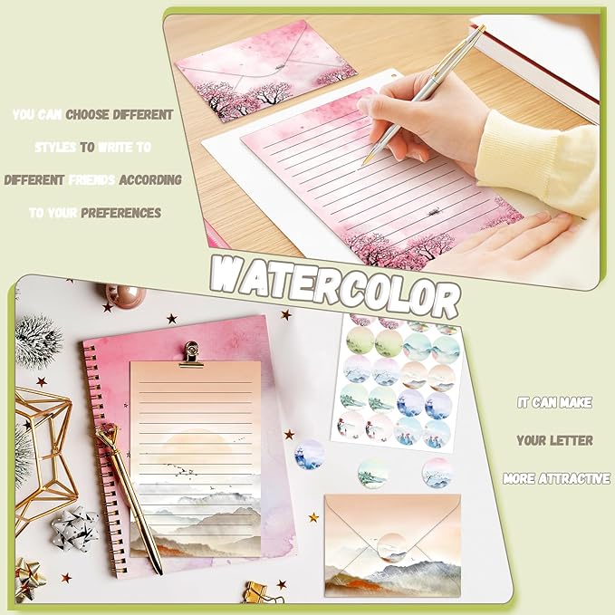 TaoBary 160 Pcs Stationery Paper Set 50 Double Sided Stationery Papers with 50 Matching Envelopes and 60 Round Dot Sticker, 10 Design(Ink Painting,8.5 x 11 Inch)