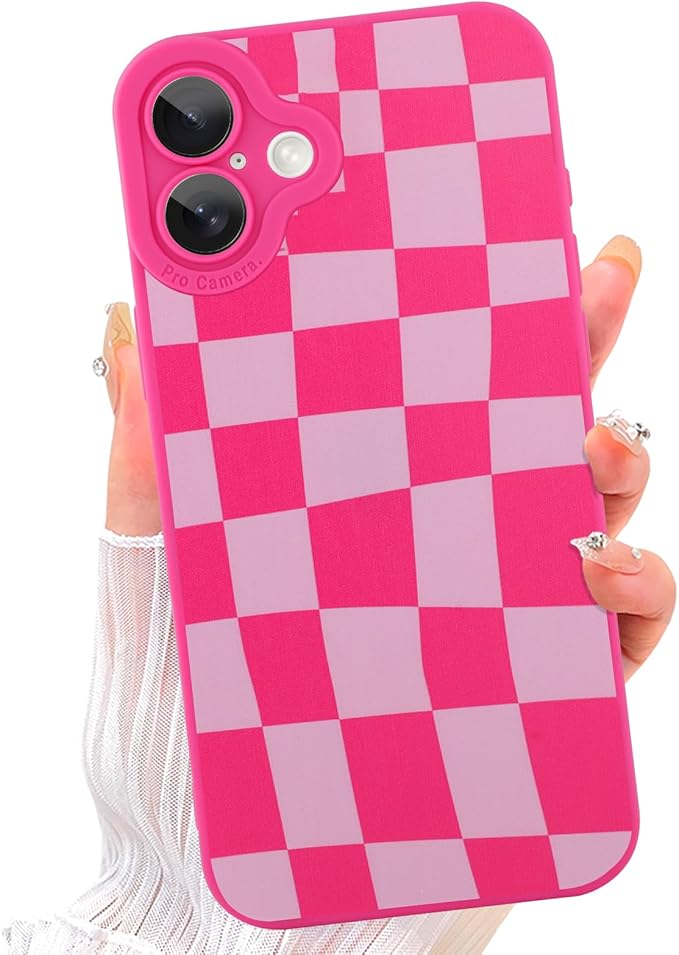 ZIYE for iPhone 16 Plus Case Hot Pink Grids Plaid Checkerboard Pattern Phone Case with Camera Protection,Soft TPU Silicone Rubber Protective Cover Grid Checkered Chess Design Cases