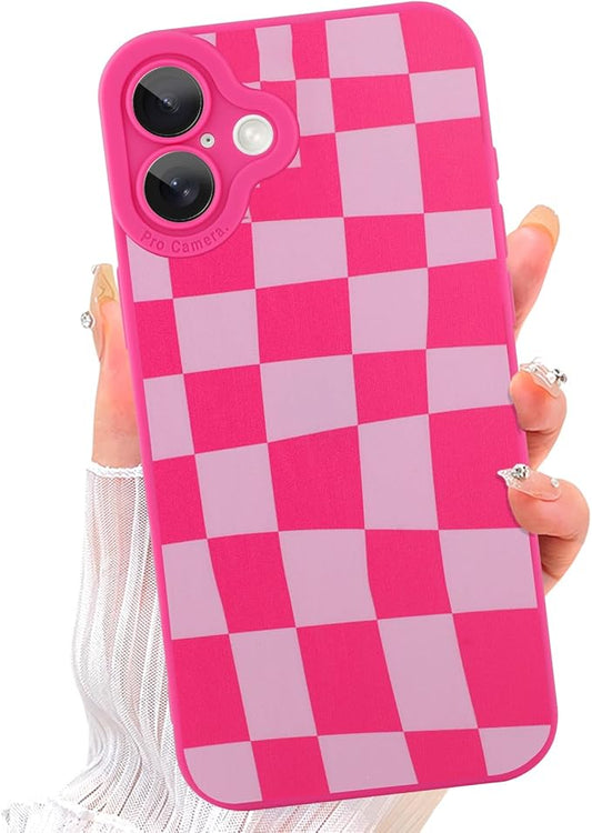 ZIYE for iPhone 16 Plus Case Hot Pink Grids Plaid Checkerboard Pattern Phone Case with Camera Protection,Soft TPU Silicone Rubber Protective Cover Grid Checkered Chess Design Cases