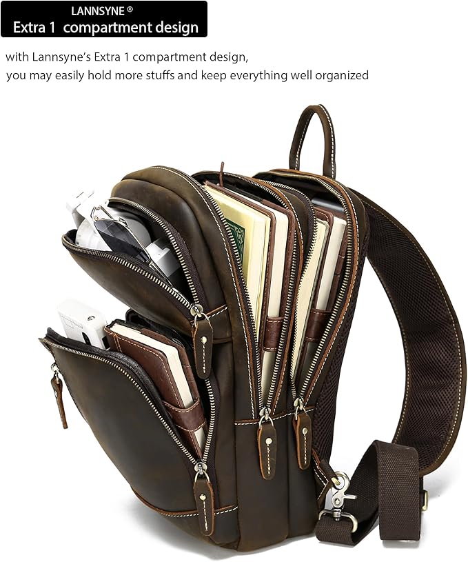 LANNSYNE Full Grain Leather Sling Bag For Men, Crossbody Bag fits 12.9" iPad Crossbody Chest Daypack