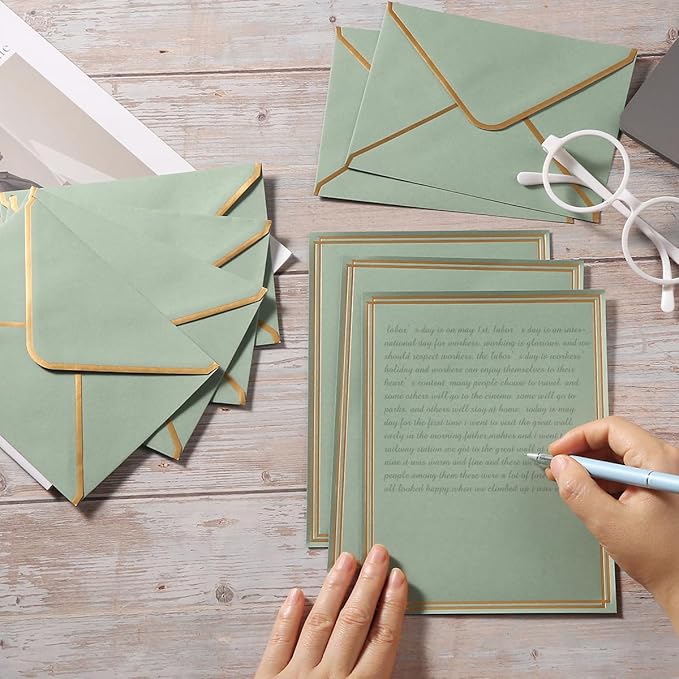 50 Pack Stationery Set with Gold Border, A6 Envelopes and 6x8 Paper Sheets and Stickers for Writing Letters (Sage-Green, 6x8 Inches)