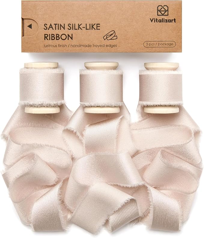 Vitalizart Silk Satin Ribbon 1 Inch x 15 Yard Wooden Spool Light Nude Handmade Frayed Ribbon for Gift Wrapping Baby Shower Wedding Bridal Bouquets Holiday Decor 3 Rolls x 5 Yard