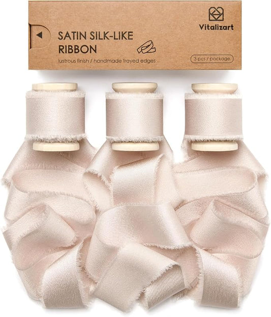 Vitalizart Silk Satin Ribbon 1 Inch x 15 Yard Wooden Spool Light Nude Handmade Frayed Ribbon for Gift Wrapping Baby Shower Wedding Bridal Bouquets Holiday Decor 3 Rolls x 5 Yard