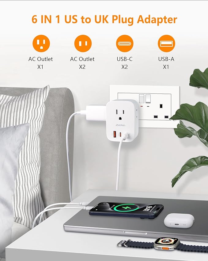 UK Travel Plug Adapter (2 Pack), Type G Plug Adapter with 30W GaN Fast Charger, 3 AC Outlets, 2 USB-C & 1 USB-A Ports, Surge Protection, Power Adapter for UK, Ireland, Singapore, Hong Kong & More