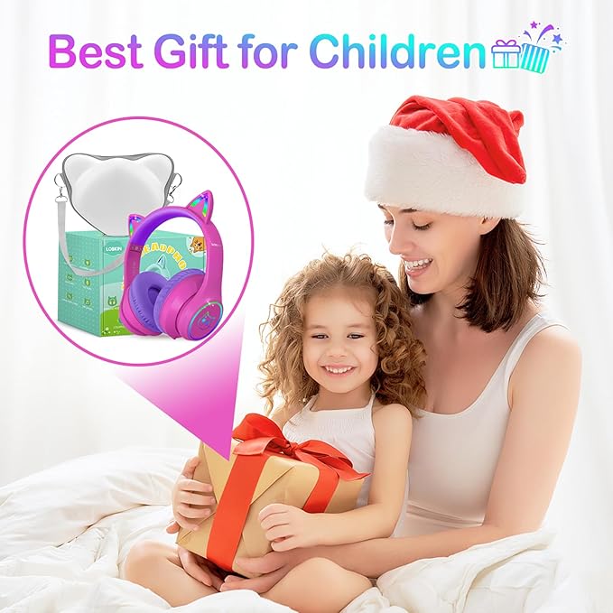 LOBKIN Bluetooth 5.4 Kids Headphones with Case - RGB LED Light Up Cat Ears Foldable Adjustable Over Ear Headphone Support Wireless or 3.5mm Wired Mode for Toddler & Girls & Boys Teens