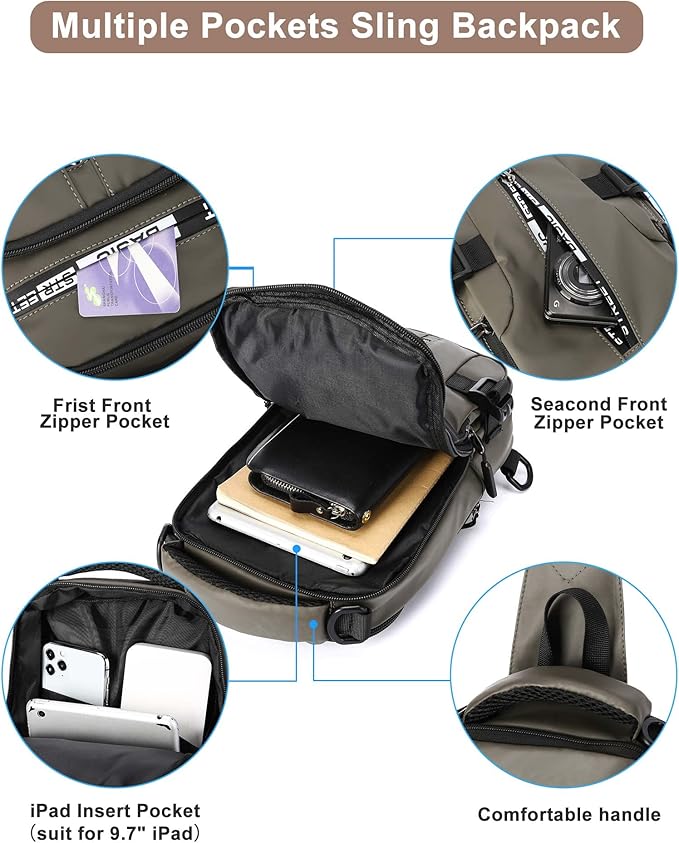 Khaki Sling Crossbody Backpack Shoulder Messenger Bag for Men, Mini Anti Theft One Strap Motorcycle Backpack Sling Tactical Chest Bag for Hiking Walking Biking Travel Cycling