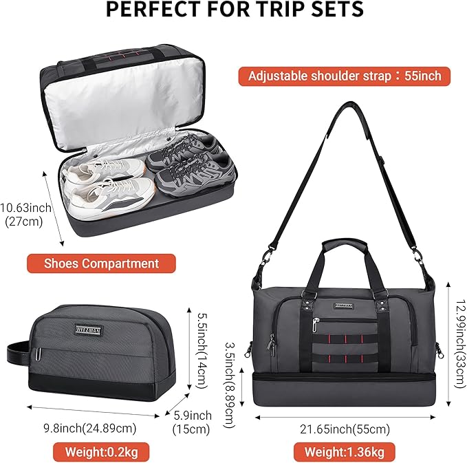 WITZMAN Travel Duffle Bags for Men Weekender Bags with Toiletry Bag Sets Carry On Overnight Bag 55L （B696 Silvery Grey）