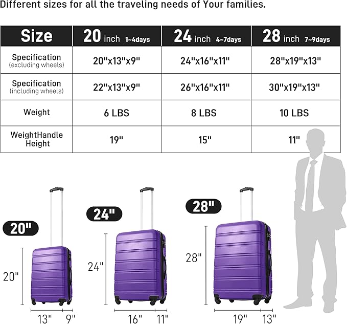 Merax Luggage Sets of 3 Piece Carry on Suitcase Airline Approved, 20/24/28 IN Hard Case Expandable Spinner Wheels (Purple)