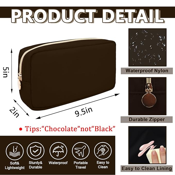Small Makeup Pouch for Purse, Nylon Travel Toiletry Storage Pouch Cute Preppy Cosmetic Bag for Women Girls, Waterproof Makeup Organizer Skincare Bag Purse with Zipper (Small-Chocolate)