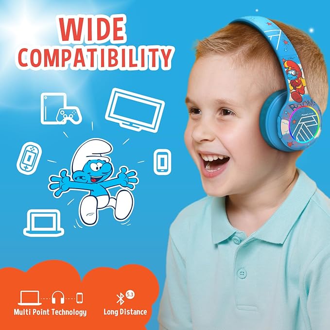 PowerLocus The Smurfs Kids Headphones, Bluetooth Headphones Over Ear for Kids with LED Lights, 74/85/94dB Volume Limited, Micro SD/TF, Foldable with Hi-Fi Stereo, Built-in Mic for School/Tablet/Travel