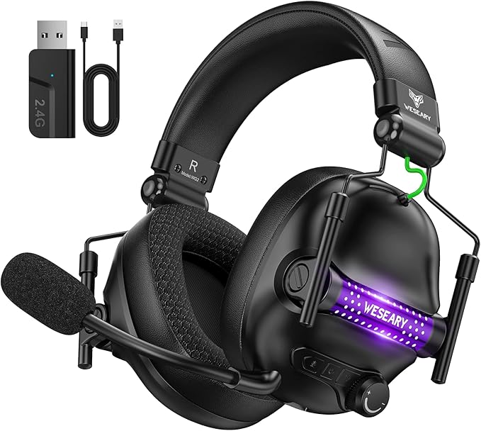WG2 Wireless Gaming Headsets with Microphone for PS5, PS4, PC, Switch, Mac, Crystal Stereo Bluetooth Headphones, Wireless Headset 2.4GHz with Lossless Audio, 50 Hr Battery, Cool LED