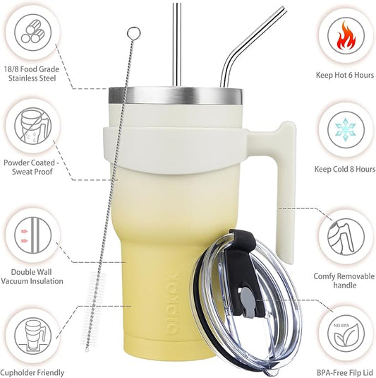 BJPKPK 30oz Tumbler With Handle Insulated Tumbler Cups With Lid And Straw Reusable Stainless Steel Double Wall Travel Mugs,Lemon