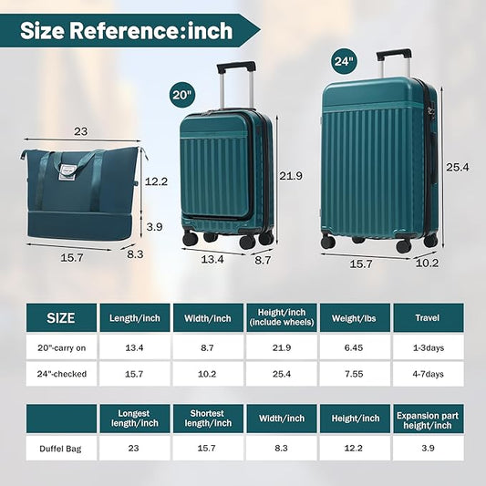 Merax Luggage Sets Front Opening, 2 Piece Hardshell Suitcase with Spinner Wheels and Bags,Lightweight Carry on Luggage with USB Port,20+24,Dark Green
