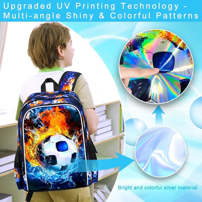 17" Soccer Backpack for Boys, Kids Bookbag with Lunch Box, 3Pcs Football School Backpacks for Elementary Preschool Kindergarten (Fire and Ice)