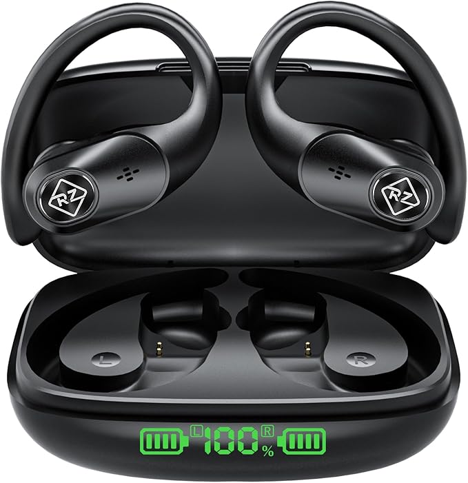 Wireless Earbuds Bluetooth Headphones 96H Playtime LED Display Waterproof Built in Mic Deep Bass Sound Secure Over Ear Buds Ear Hooks for Phone Android Samsung Cell Phones Gym Running Workout Fitness