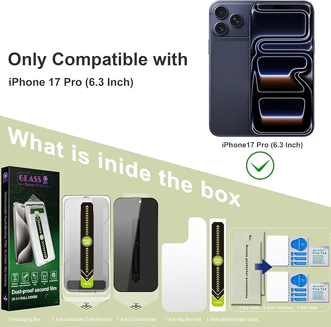 2 Pack Anti-Spy Privacy Screen Protector for iPhone 17 Pro (6.3-Inch),9H Tempered Glass,Full Coverage,Anti-Fingerprint,Auto Dust Removal,Bubble-Free,Easy Installation