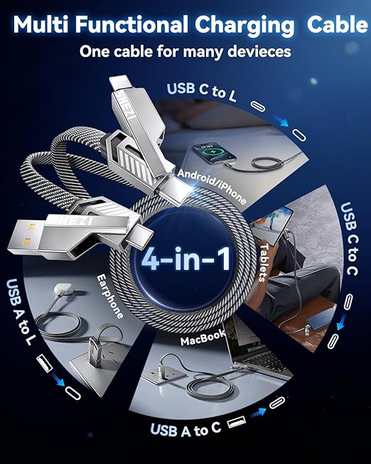 [One is Enough] 4-in-1 Compatible with USB C to Lightning Cable, 60W High-Speed Charging & Fast Data Transfer,CarPlay & Android Auto Support Multi Charger Cord Combo for iPhone/Samsung/iPad,3FT