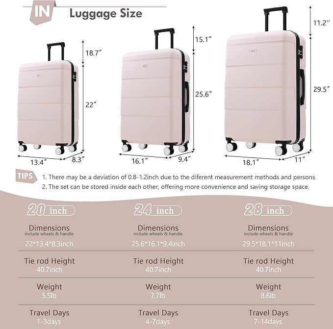 Merax Luggage Sets of 3 Piece Carry on Suitcase Airline Approved,Hardcase Suitcase Set with Double Spinner Wheels,Light Pink