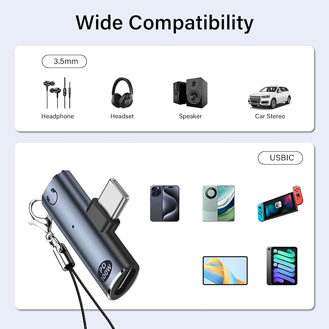 SinLoon USB C to 3.5mm Audio Adapter USB Type C to Aux Female Headphones Jack& 100W 2-in-1 PD Power Supply Adapter DAC USB C Headphone Adapter for USB C Devices Without 3.5mm Interface
