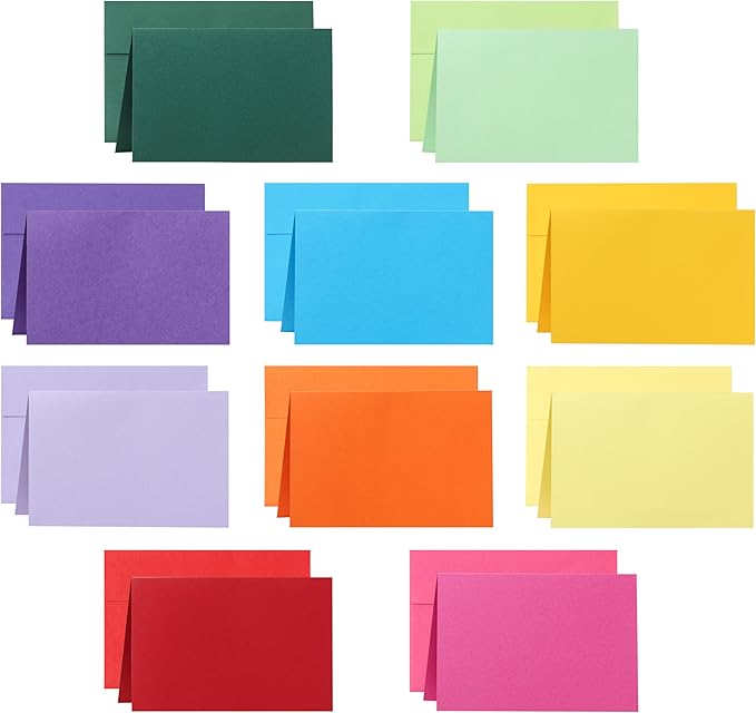 100 Packs 10 Assorted Colors Blank Note Cards and Envelopes 4 x 6 Heavyweight Folded Cardstock and A4 Envelopes Self Seal for Invitations, Wedding, DIY Greeting Cards, Birthday, Baby Showers