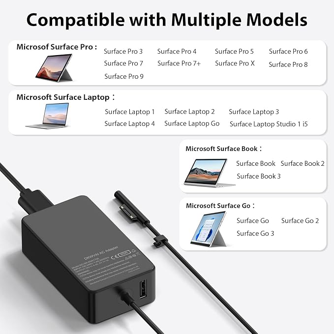 Surface Pro Charger 65W for Microsoft Surface Pro Charger 10,9, 8, 7+, 7, 6, 5, 4, 3, X, Windows Surface Laptop 5, 4, 3, 2, 1, Studio Surface Go Tablet, Surface Book 3, 2, 1,10FT Cord,Support 44W 36W