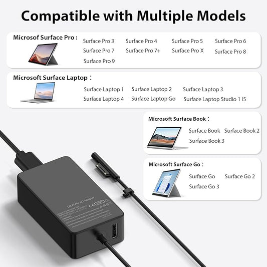 Surface Pro Charger 65W for Microsoft Surface Pro Charger 10,9, 8, 7+, 7, 6, 5, 4, 3, X, Windows Surface Laptop 5, 4, 3, 2, 1, Studio Surface Go Tablet, Surface Book 3, 2, 1,10FT Cord,Support 44W 36W