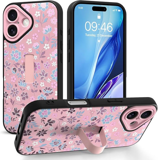 Compatible with iPhone 17 Case with Finger Hand Strap Kickstand, Cute Flowers Floral Phone Case for Girls Women Men, Full Camera Protection Shockproof Protective Cover, Pink Flowers