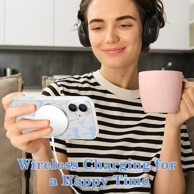 UEEBAI Magnetic for iPhone 16 Plus Case, Bow Case Compatible with MagSafe, Wireless Slim Clear Ribbon Aesthetic Phone Cover Anti-Yellowing Shockproof Protective Cover for Women Girl - Baby Blue