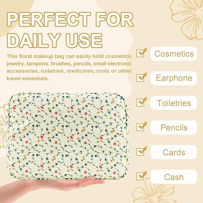 Waterproof Large Floral Makeup Bag Pouch,Nylon Travel Toiletry Storage Bag Preppy Flower Cosmetic Bag for Women Girl,Large Capacity Makeup Organizer Bag Cute Zipper Pouch(L Light Yellow-Flowers)