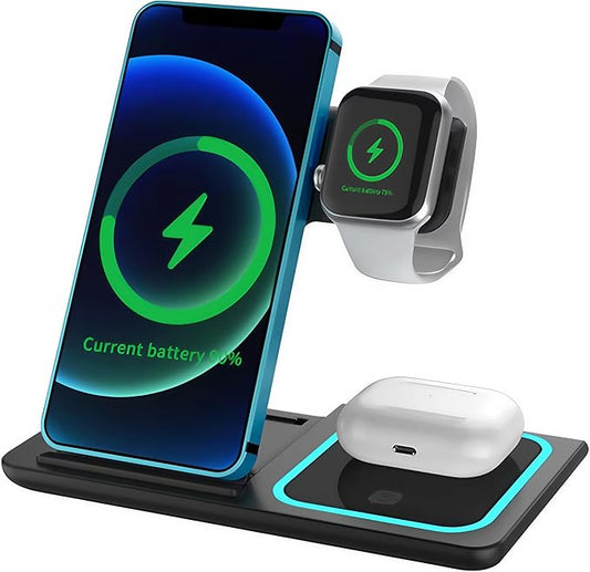 Multiple Devices Charging Station, Wireless Charger 3 in 1 Magnetic Wireless Charging Stand for iPhone 16/15/14/13/12/11/X, Samsung, and Many More with USB Cable, Apple Watch Series (Black)