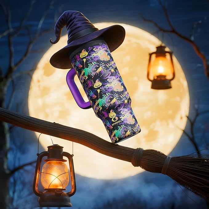 40oz Halloween Tumbler with Handle and Straw, Stainless Steel Insulated Water Bottle with Straw, Leak-Proof, Cup Holder Friendly, Keeps Cold 24 H, Gifts for Women Men, Ghost Party
