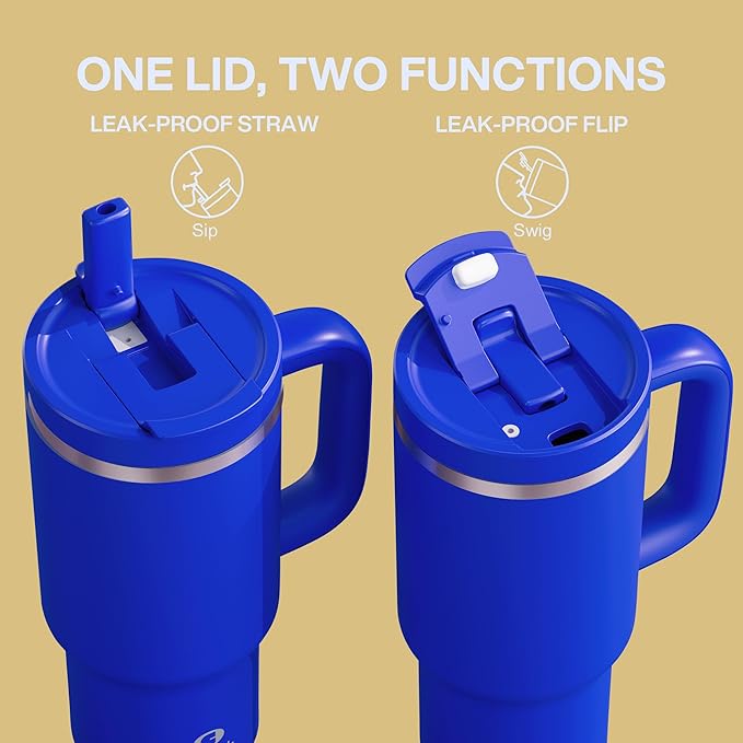 32 oz Tumbler with Handle and Straw: Stainless Steel Insulated Tumbler Keeps Cold for 24 Hours, Leakproof Travel Cup Fits in Cup Holder and BPA-Free, Royal Blue