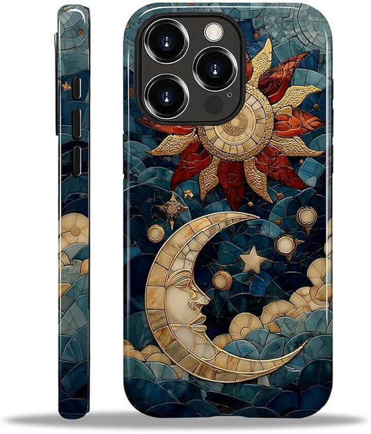 Case for iPhone 12 12 Pro Case,Sun Moon Stars Faux Stained Glass Design Hybrid Dual Protection Silicone + Hard PC Shockproof Full Body Cover,Slim Anti-Scratch Protective for Men Women