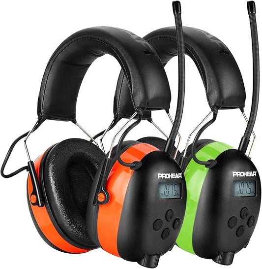 PROHEAR 027 AM FM Radio Headphones with Digital Display 2 pack, 25dB NRR, Safety Ear Protection Earmuffs for Mowing, Snowblowing, Construction, Work Shops - Orange and Green