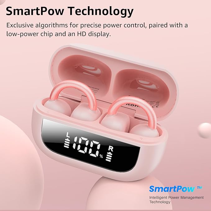 TOZO OpenEarRing True Open Ear Headphones, Lightweight Comfort Open Ear Clip Wireless Earbuds, 40H Play Bluetooth 5.4 Headphones with Smart Digital Display Design Fit Sports Running, Workout Pink