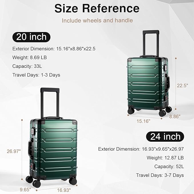 All Aluminum Carry On Luggage 22x14x9 Airline Approved，Zipperless Luggage Premium Aluminum Suitcase Luggage, Hard Shell Carry On Luggage with Spinner Wheels (dark green, 20inch)