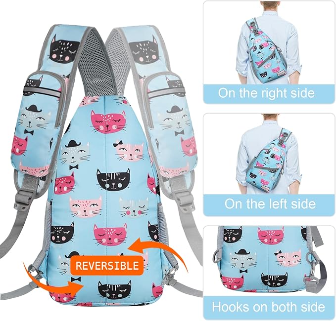 ZOMAKE Sling Bag,Small Crossbody Sling Backpack,Water Resistant Shoulder Daypack for Travel,Anti Thief Chest Bag for Hiking(Cat'S Head Light Blue)