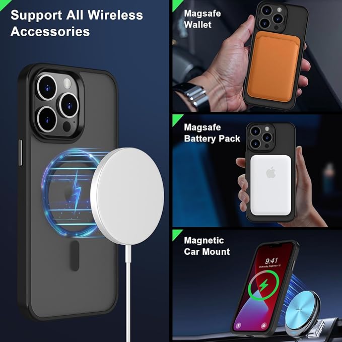 MOCCA Strong Magnetic for iPhone 13 Pro Max Case,[Compatible with Magsafe][Glass Screen Protector+Camera Lens Protector] Slim Thin Shockproof Cover Phone Case for iPhone 13 Pro Max 6.7", Black
