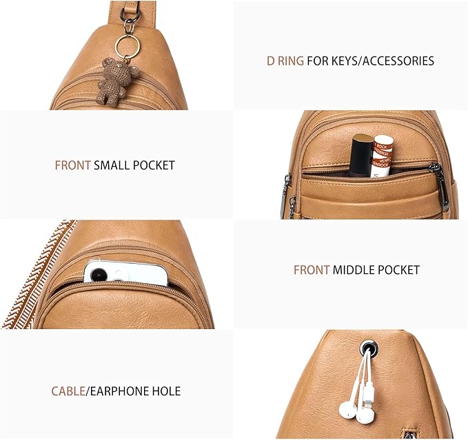 Sling Bag for Women Cross Body Purse Fanny Pack Sling Backpack Vegan Leather Shoulder Crossbody Bag Travel Tan