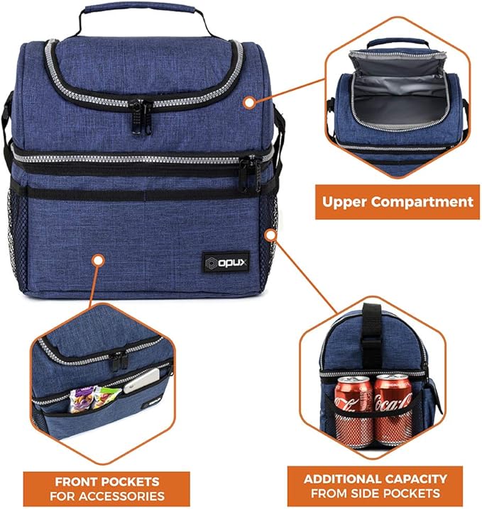 OPUX Lunch Box For Men Women, Insulated Large Lunch Bag Adult Work, Double Decker Lunchbox Meal Prep Dual Compartment Leakproof Lunch Cooler, Soft Lunch Pail Tote Boys Girls Kids School, Navy Blue 12L