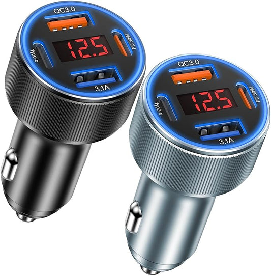 Car Phone Charger, Besgoods USB C Car Charger Adapter 4 Ports with Voltmeter PD&QC Fast Charging Cigarette Lighter USB Charger for iPhone 17 16 15 14 13 Galaxy S25 S24 A54 A16 Dashcam Car Acc, 2Pack