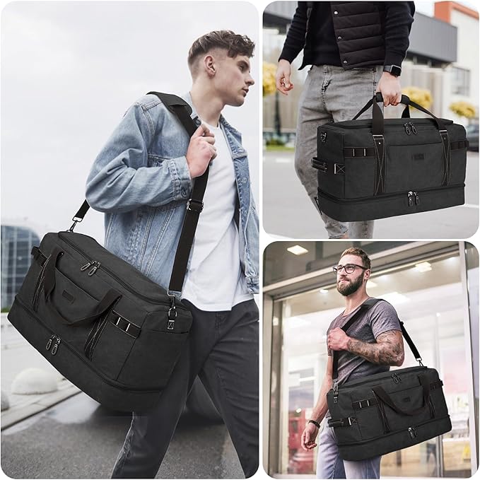 ZOMFELT Travel Duffle Bag for Men, 45L Waterproof Canvas Overnight Duffel Bag with Removable Dividers & Shoe Compartment, Carry On Weekender Gym bag, Multi-Pocket & Vintage Design (Washed Black)