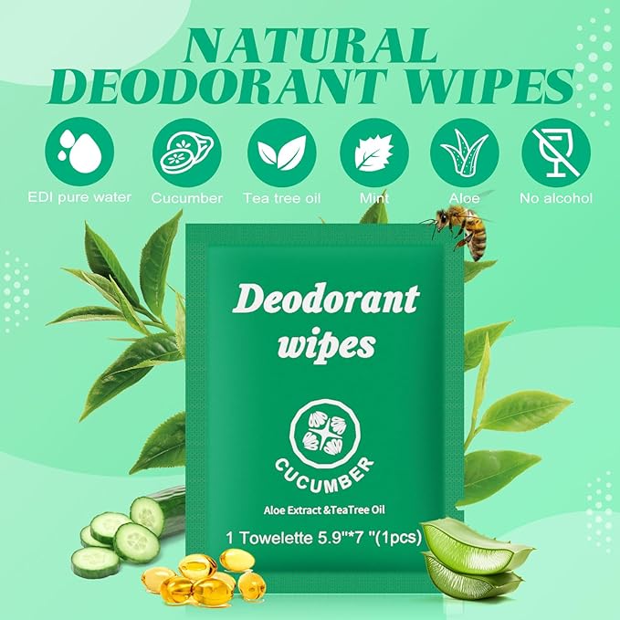 Travel Deodorant Wipes Individually Wrapped,Body Wipes to Clean Skin for Women Men（Cucumber,pack of 100)