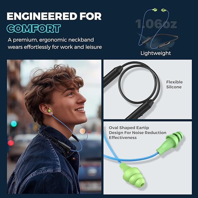 MIPEACE Bluetooth Earplug Headphones, Neckband Wireless Earbuds earplugs-29db Noise Reduction isolating in-Ear earplug Earphones with Controls,IPX5 sweatproof,19+Hour Battery(Blue Green)