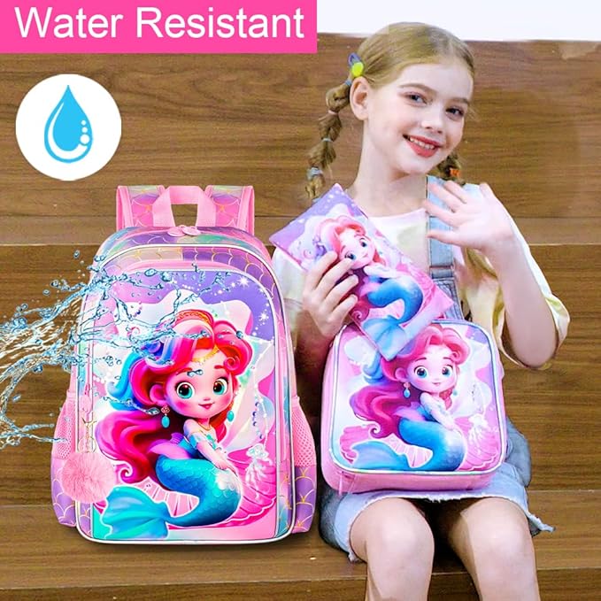 3Pcs Mermaid Backpack for Girls, 16" Kids Bookbag with Lunch Box，School Backpacks for Elementary Preschool Kindergarten (Pink)