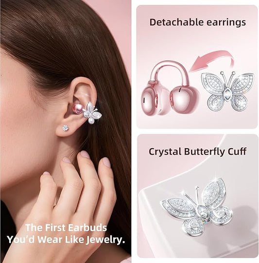 Kinglucky Jewelry-Inspired Clip-On Earbuds with Butterfly Earrings, Comfortable Fit & 50H Playtime Open Ear Bluetooth 5.4 Wireless Headphones for Women Gifts, Small Ears, Sports & Workouts (Rose Gold)