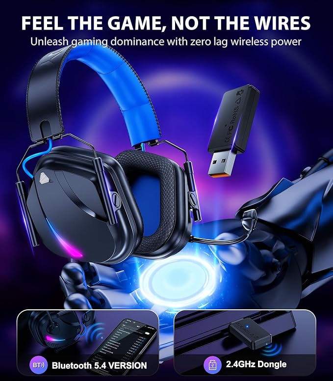 HW12 Wireless Gaming Headset for PC, PS5, PS4, Switch, Mac, 2.4GHz Bluetooth Over Ear The Headphones with Noise Cancelling Mic, Stereo Sound, LED Light, 50H Battery Headsets for Gamers