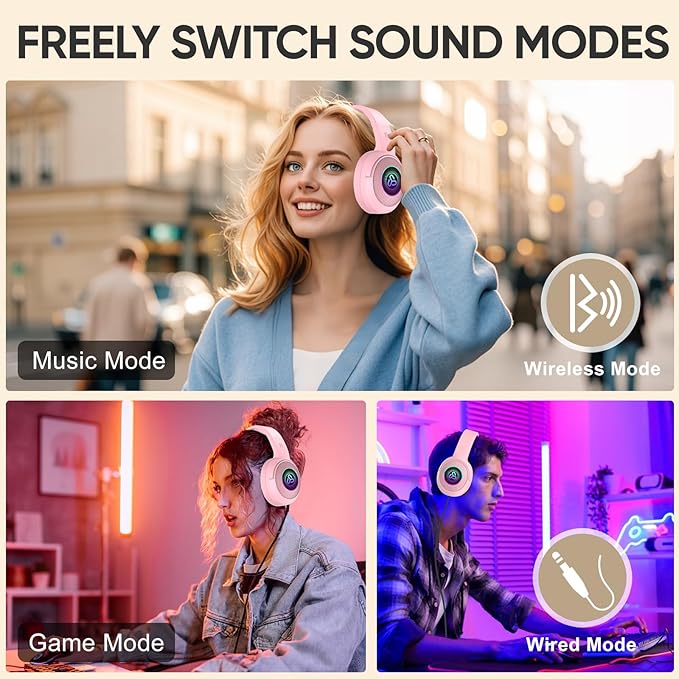 SDLOGAL Wireless Over Ear Headphones, Personalized Music & Game Audio, Wireless BT5.4 Headphones with Microphone, Up to 40 Hours Battery Life, Foldable & Lightweight - Pink